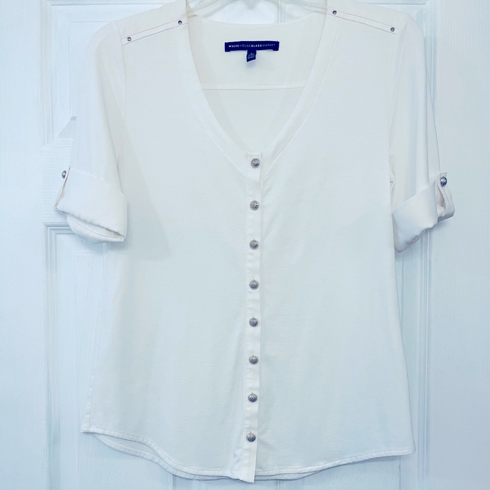 creamy white fluid good quality v neck button front tab sleeve, professional top - Picture 1 of 16